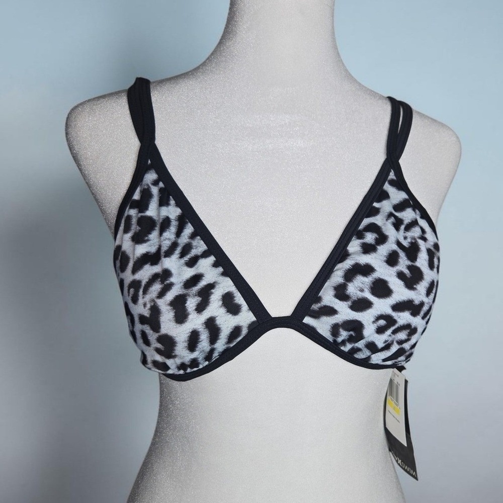 Hurley Swim Womens Medium Leopard Print Fixed Triangle Bikini Top Black‎ White